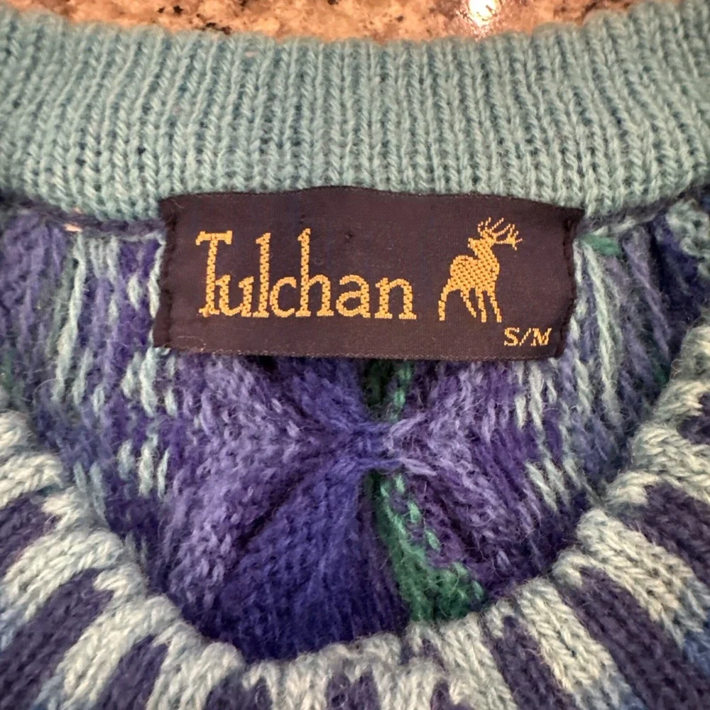 Vintage 90s Tulchan Cardigan Blue Wool Oversized Coogi S/M Unisex‎ Festival Ugly